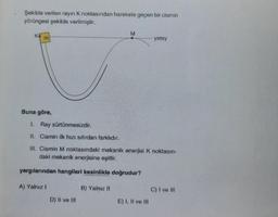 Şekilde verilen rayın K noktasından harekete geçen bir cismin
yörüngesi şekilde verilmiştir.
m
Buna göre,
1. Ray sürtünmesizdir.
II. Cismin ilk hızı sıfırdan farklıdır.
A) Yalnız I
III. Cismin M noktasındaki mekanik enerjisi K noktasın-
daki mekanik enerjisine eşittir.
yargılarından hangileri kesinlikle doğrudur?
D) II ve III
M
B) Yalnız II
yatay
E) I, II ve III
C) I ve III