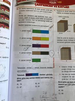 2
KAMP KITABI
DONEM
zitif ortak tam
kaçtır?
arı aşağıdaki
O
D) 12
20 m
ceyi bölerek
SAY
10. Bir tabela tasarımcısı iki farklı grupta renkli led 11. Aşağıda bir duvar ustası ile
lambaları kullanarak farklı bir renk oluşturmakta-
tuğlalar ve ördükleri duvarlar
dır.
Bunlar için tabelanın sağ tarafında mavi, sarı,
kırmızı, siyah ve beyaz renkli ledler sol tarafında
ise yeşil, turuncu, mor ve kahverengi renkli led
lambalarını kullanmıştır.
Renkler aşağıdaki sıralama ile yanmaktadır.S
1. yanan renkler
2. yanan renkler
V
3. yanan renkler
4. yanan renkler
HOCAM LGS
ÇARPANLAR VE KATLAR
5. yanan renkler
III
A) 75
C) 87
Tabeladaki renkler 1 saniye boyunca beraber
yanmaktadır.
B) 81
D) 91
1950
28
221
2
Tabelada
renkleri görüldü-
ğüne göre kaç saniye tabela açık kalmış ola-
bilir?
uq?
me
HG50
Benim Hocam
Ustanın kullandığı
tuğla
84
49
16 cm
y
Usta ile çırak bir duvarın y
paylaşıp duvarı örmeye ba
de duvarın görünen yüzey
20 cm
16 cm
X
A) 60
C) 80
• Ustanın örtüğü du-
çırağın örtüğü duva
az olduğu bilinmek
isbnu
. Her ikisi de örebile
müşlerdir. Bu işte
çırak ise 1 m² duva
Buna göre, en fazla al
ikisinin ayrı ayrı çalış
saattir?
M