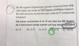 Bir dik üçgenin köşelerinde bulunan 3 karınca birer doğ-
rultu seçip aynı anda ve eşit hızlarla yürümeye başlıyor.
Bir süre sonra bu üç karınca aynı anda bir P noktasında
buluşuyor.
Dik kenar uzunlukları 6 ve 12 cm olan bu dik üçgen-
de 3 karıncanın aldığı toplam yol kaç santimetredir?
A) 18 B) 3√5 C) 6√5 D) 9/5
E) 10/5