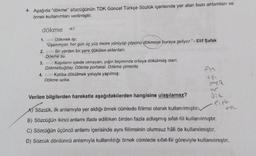 4. Aşağıda "dökme" sözcüğünün TDK Güncel Türkçe Sözlük içerisinde yer alan bazı anlamları ve
örnek kullanımları verilmiştir.
dökme
1. im Dökmek işi:
“Üşenmiyor, her gün üç yüz metre yürüyüp çöpünü dökmeye buraya geliyor." - Elif Şafak
2. fai Bir yerden bir yere dökülen aktarılan:
Dökme su.
3. sifa Kapıların içinde olmayan, yığın biçiminde ortaya dökülmüş olan:
Dökmebuğday. Dökme portakal. Dökme çimento
4. sifal Kaliba dökülmek yoluyla yapılmış:
Dökme soba.
951
Jik
Verilen bilgilerden hareketle aşağıdakilerden hangisine ulaşılamaz?
A) Sözcük, ilk anlamıyla yer aldığı örnek cümlede fillimsi olarak kullanılmıştır.
B) Sözcüğün ikinci anlamı ifade edilirken birden fazla adlaşmış sifat-fiil kullanılmıştır.
C) Sözcüğün üçüncü anlamı içerisinde aynı fiilimsinin olumsuz hâli de kullanılmıştır.
D) Sözcük dördüncü anlamıyla kullanıldığı örnek cümlede sifat-fiil göreviyle kullanılmıştır.
Peeke
nk