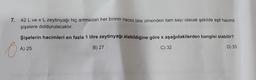 7.
42 L ve x L zeytinyağı hiç artmadan her birinin hacmi litre cinsinden tam sayı olacak şekilde eşit hacimli
şişelere doldurulacaktır.
Şişelerin hacimleri en fazla 1 litre zeytinyağı alabildiğine göre x aşağıdakilerden hangisi olabilir?
A) 25
B) 27
C) 32
D) 35