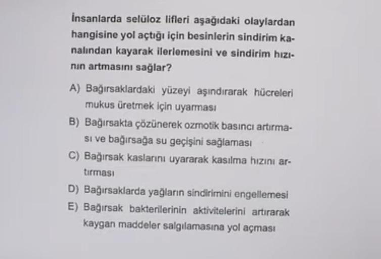 İnsanlarda selüloz lifleri aşağıdaki olaylardan
hangisine yol açtığı için besinlerin sindirim ka-
nalından kayarak ilerlemesini ve sindirim hızı-
nin artmasını sağlar?
A) Bağırsaklardaki yüzeyi aşındırarak hücreleri
mukus üretmek için uyarması
B) Bağırsakt