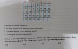 Pzt
●
Sal Çar Per Cum Cts
Pzr
1
2
3 4 5
7
8
9 10 11 12
14 15 16 17 18 19
21 22 23 24 25 26
6
13
20
27 28 29 30 31
Yukarıda bir takvim verilmiştir.
Bir asal çarpanı olan sayılar sarıya boyanacaktır.
Tam kare sayılar kırmızıya boyanacaktır.
Asal sayılar maviye boyanacaktır.
Kırmızı ve mavi renk karışımı moru, sarı ve kırmızı renk karışımı turuncuyu oluşturmaktadır. Buna
göre, turuncuya boyalı kare sayısı, mora boyalı kare sayısından kaç fazladır?
A) 4
B) 5
C) 6
D) 7