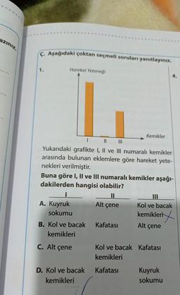 azınız.
C. Aşağıdaki çoktan seçmeli soruları yanıtlayınız.
1.
Hareket Yeteneği
1
|||
Yukarıdaki grafikte I, II ve III numaralı kemikler
arasında bulunan eklemlere göre hareket yete-
nekleri verilmiştir.
Buna göre I, II ve III numaralı kemikler aşağı-
dakilerden hangisi olabilir?
II
Alt çene
A. Kuyruk
sokumu
B. Kol ve bacak
kemikleri
C. Alt çene
Kemikler
D. Kol ve bacak
kemikleri
Kafatası
Kol ve bacak
kemikleri
erix
Alt çene
Kol ve bacak Kafatası
kemikleri
Kafatası
Kuyruk
sokumu