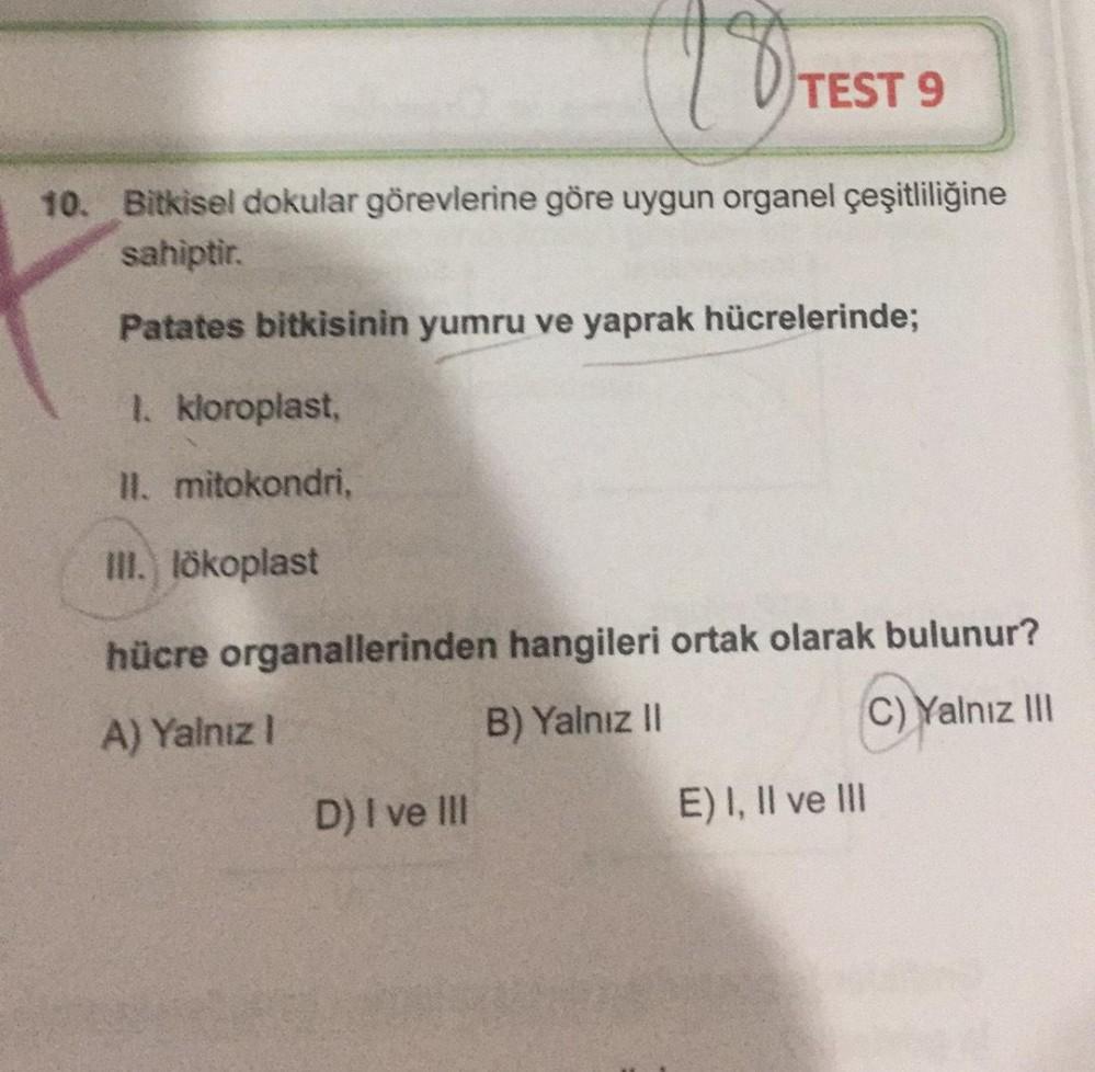 1. kloroplast,
II. mitokondri,
III. lökoplast
TOT
10. Bitkisel dokular görevlerine göre uygun organel çeşitliliğine
sahiptir.
Patates bitkisinin yumru ve yaprak hücrelerinde;
TEST 9
D) I ve III
hücre organallerinden hangileri ortak olarak bulunur?
A) Yalnı