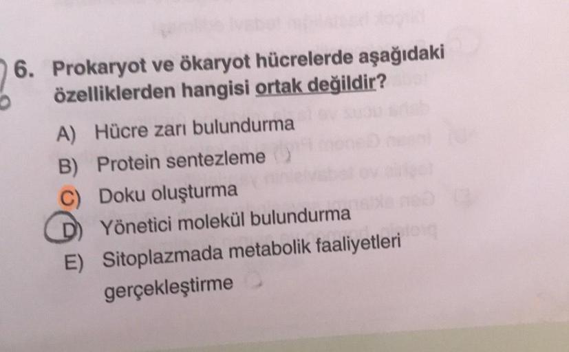 6. Prokaryot ve ökaryot hücrelerde aşağıdaki
özelliklerden hangisi ortak değildir?
A) Hücre zarı bulundurma
B) Protein sentezleme)
C) Doku oluşturma
D) Yönetici molekül bulundurma
Sitoplazmada metabolik faaliyetleri
E)
gerçekleştirme
long