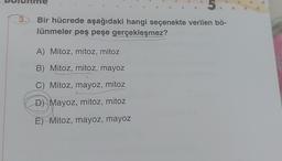 3.
5
Bir hücrede aşağıdaki hangi seçenekte verilen bö-
lünmeler peş peşe gerçekleşmez?
A) Mitoz, mitoz, mitoz
B) Mitoz, mitoz, mayoz
C) Mitoz, mayoz, mitoz
D) Mayoz, mitoz, mitoz
E) Mitoz, mayoz, mayoz