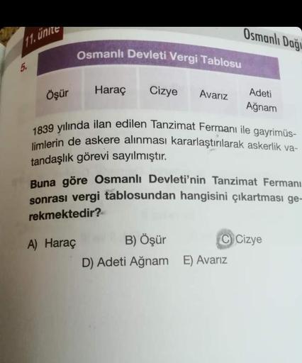 11. ünite
5.
Öşür
Osmanlı Devleti Vergi Tablosu
Haraç
Cizye
Avarız
Osmanlı Dağı
Adeti
Ağnam
1839 yılında ilan edilen Tanzimat Fermanı ile gayrimüs-
limlerin de askere alınması kararlaştırılarak askerlik va-
tandaşlık görevi sayılmıştır.
Buna göre Osmanlı D