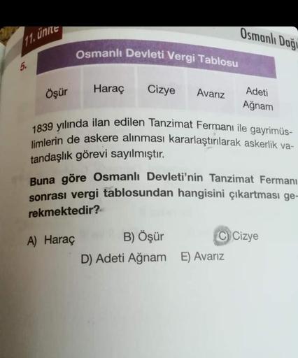 11. ünite
5.
Öşür
Osmanlı Devleti Vergi Tablosu
Haraç
Cizye
Avarız
Osmanlı Dağı
Adeti
Ağnam
1839 yılında ilan edilen Tanzimat Fermanı ile gayrimüs-
limlerin de askere alınması kararlaştırılarak askerlik va-
tandaşlık görevi sayılmıştır.
Buna göre Osmanlı D