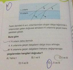 L ortamı
K ortamı
Farklı derinlikli K ve L ortamlarından oluşan dalga leğeninde L
ortamından gelen doğrusal atmaların K ortamına geçen kısmı
şekildeki gibidir.
Buna göre
1. K ortamı daha derindir.
II. K ortamına geçen dalgaların dalga boyu artmıştır.
H. K ortamına geçen dalgaların frekansı değişmemiştir.
yargılarından hangileri doğrudur?
A) Yalnız I
B) I ve II
D) II ve III
CI ve III
E), Il ve Ill