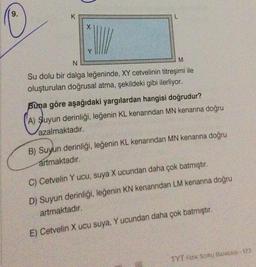 K
X
L
N
M
Su dolu bir dalga leğeninde, XY cetvelinin titreşimi ile
oluşturulan doğrusal atma, şekildeki gibi ilerliyor.
Buna göre aşağıdaki yargılardan hangisi doğrudur?
A) Suyun derinliği, leğenin KL kenarından MN kenarına doğru
azalmaktadır.
B) Suyun derinliği, leğenin KL kenarından MN kenarına doğru
artmaktadır.
C) Cetvelin Y ucu, suya X ucundan daha çok batmıştır.
D) Suyun derinliği, leğenin KN kenarından LM kenarına doğru
artmaktadır.
E) Cetvelin X ucu suya, Y ucundan daha çok batmıştır.
TYT Fizik Sonu BANKASI -177