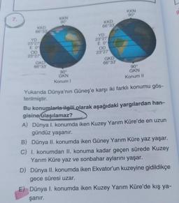 7.
KKD
66 33
YD
23°27
E 0%
OD
23°27
GKD
66°33'
KKN
90°
90°
GKN
Konum I
KKD
66°33'
YD
23°27
E 0°
OD
23°27'
GKD
66°33'
KKN
90°
90°
GKN
Konum II
Yukarıda Dünya'nın Güneş'e karşı iki farklı konumu gös-
terilmiştir.
Bu konumlarla ilgili olarak aşağıdaki yargılardan han-
gisine ulaşılamaz?
A) Dünya I. konumda iken Kuzey Yarım Küre'de en uzun
gündüz yaşanır.
B) Dünya II. konumda iken Güney Yarım Küre yaz yaşar.
C) I. konumdan II. konuma kadar geçen sürede Kuzey
Yarım Küre yaz ve sonbahar aylarını yaşar.
D) Dünya II. konumda iken Ekvator'un kuzeyine gidildikçe
gece süresi uzar.
E) Dünya I. konumda iken Kuzey Yarım Küre'de kış ya-
şanır.