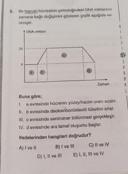 8.
Bir hayvan hücresinin çekirdeğindeki DNA miktarının
zamana bağlı değişimini gösteren grafik aşağıda ve-
rilmiştir.
2x
X
DNA miktarı
a
Zaman
Buna göre;
1. a evresinde hücrenin yüzey/hacim oranı azalır.
II. b evresinde deoksiribonukleotit tüketimi artar.
III. c evresinde sentromer bölünmesi gerçekleşir.
IV. d evresinde ara lamel oluşumu başlar.
ifadelerinden hangileri doğrudur?
A) I ve II
B) I ve III
D) I, II ve III
C) II ve IV
E) I, II, III ve IV
1
S
A
R
M
L