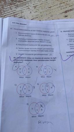 TYT/Fen Bilimleri
17. Hücre bölünmelerine ait bazı özellikler aşağıdaki gibidir.
1. Kromozomların hücre ekvatorunda tek sıra
halinde dizilmesi
m-m
II. Homolog kromozomların kardeş olmayan
kromatitleri arasında parça değişimi olması
III. Karyokinezin sadece bir kez gerçekleşmesi
IV. Telofaz evresi sonunda oluşan çekirdeklerdeki
kromozomların kardeş kromatitli halde olması
V. Haploit hücrelerde gerçekleşebilmesi
Bu özelliklerin mitoz ve mayoza ait olanları ile ilgili
oluşturulan aşağıdaki Venn şemalarından hangisi
doğrudur?
A)
|||
V
1
||
V
Mitoz Mayoz
11
IV
|||
1
IV
Mitoz Mayoz
E)
IX
||
B)
D)
11
Mitoz Mayoz
1
11
X
V III
111 1
IV
V
Mitoz Mayoz
IV
Mitoz Mayoz
V
ur
Anty
X
19. Biyolojik birik
1. Besinler!
maddele
II. Ortamo
DDT g
III. Besin
bulur
etkilic
ifadelerin
A) Yalaz