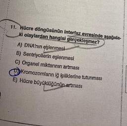 11. Hücre döngüsünün interfaz evresinde aşağıda-
CENTR
What Mat
ki olaylardan hangisi
gerçekleşmez?
A) DNA'nın eşlenmesi
B) Sentriyollerin eşlenmesi
C) Organel miktarının artması
Kromozomların iğ ipliklerine tutunması
E) Hücre büyüklüğünün artması
IN CARDIO