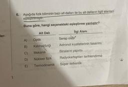 ler-
6. Aşağıda fizik biliminin bazı alt dalları ile bu alt dalların ilgili alanları
eşleştirilmiştir.
Buna göre, hangi seçenekteki eşleştirme yanlıştır?
İlgi Alanı
A)
B)
C)
D)
E)
Alt Dalı
Optik
Katihal fiziği
Mekanik
Nükleer fizik
Termodinamik
Serap olayı
Astronot kıyafetlerinin tasarımı
Binaların yapımı
Radyokarbonları tarihlendirme
Süper iletkenlik