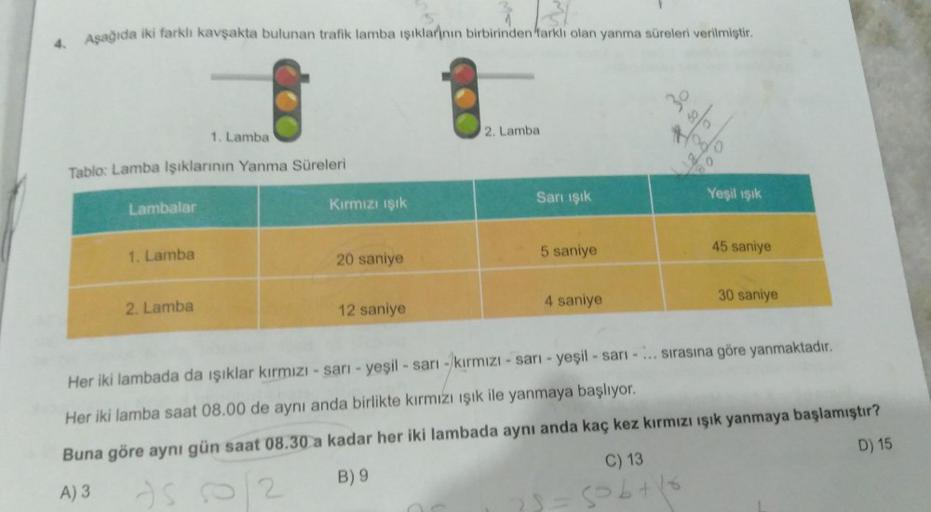 Aşağıda iki farklı kavşakta bulunan trafik lamba ışıklarının birbirinden farklı olan yanma süreleri verilmiştir.
Tablo: Lamba Işıklarının Yanma Süreleri
Lambalar
1. Lamba
1. Lamba
2. Lamba
Kırmızı ışık
20 saniye
12 saniye
2. Lamba
Sarı ışık
5 saniye
4 sani