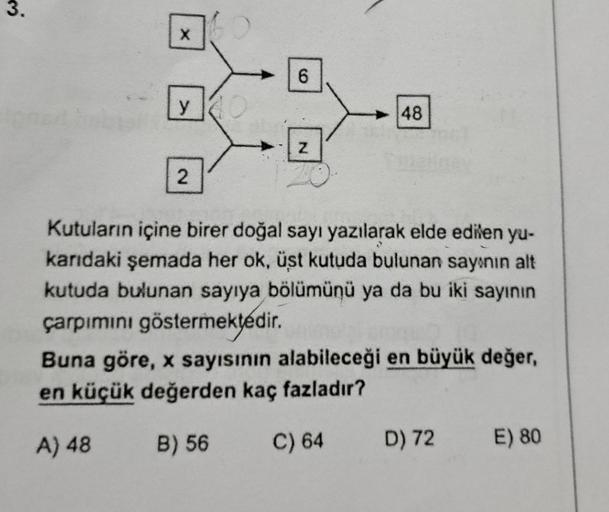3.
X
40
y O
2
6
Z
48
Kutuların içine birer doğal sayı yazılarak elde edilen yu-
karıdaki şemada her ok, üst kutuda bulunan sayının alt
kutuda bulunan sayıya bölümünü ya da bu iki sayının
çarpımını göstermektedir.
Buna göre, x sayısının alabileceği en büyük