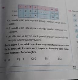 10.
1. sıra
A)-2
1
2. sıra
1
2
2
3
3
4
4
1 2 3
99 100
• 1. sırada 4 ün katı sayıların olduğu kareleri sarıya boya-
yalım.
• 2. sırada 3 ün katı sayıların olduğu kareleri kırmızıya bo-
yayalım.
• Alt alta sarı ve kırmızı denk gelen karelerin her ikisinin de
rengini turuncuya boyayalım.
4
99 100
99 100
D) 1
Buna göre 1. sıradaki sarı kare sayısının turuncuya oranı
ile 2. sıradaki kırmızı kare sayısının turuncu kare sayı-
sina oranının farkı kaçtır?
B)-1
C) 0
12. Gergel
E) 2
25
B