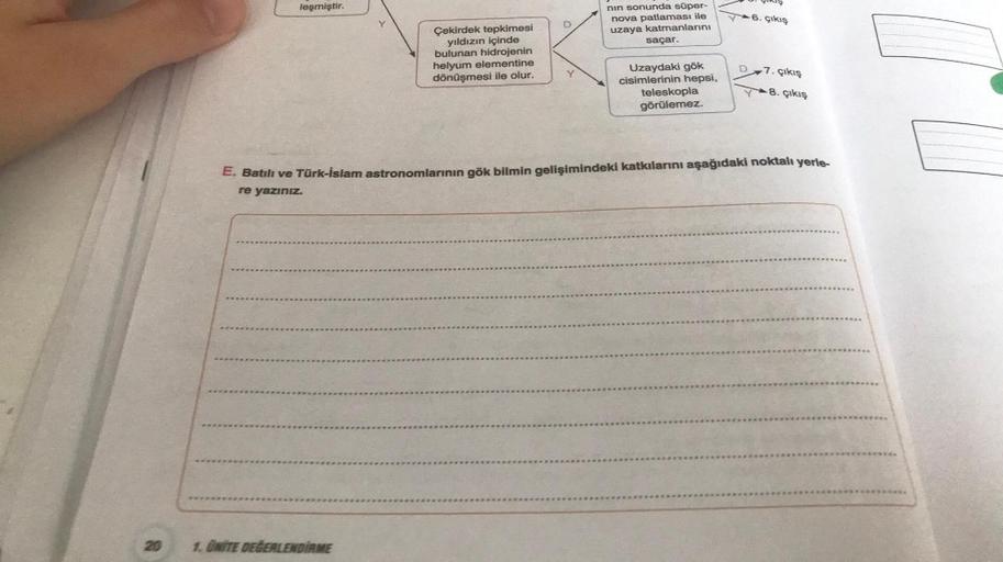 leşmiştir.
Çekirdek tepkimesi
yıldızın içinde
bulunan hidrojenin
helyum elementine
dönüşmesi ile olur.
1. UNITE DEĞERLENDİRME
D
nın sonunda süper-
nova patlaması ile
uzaya katmanlarını
saçar.
Uzaydaki gök
cisimlerinin hepsi,
teleskopla
görülemez.
ÇIKIŞ
6.