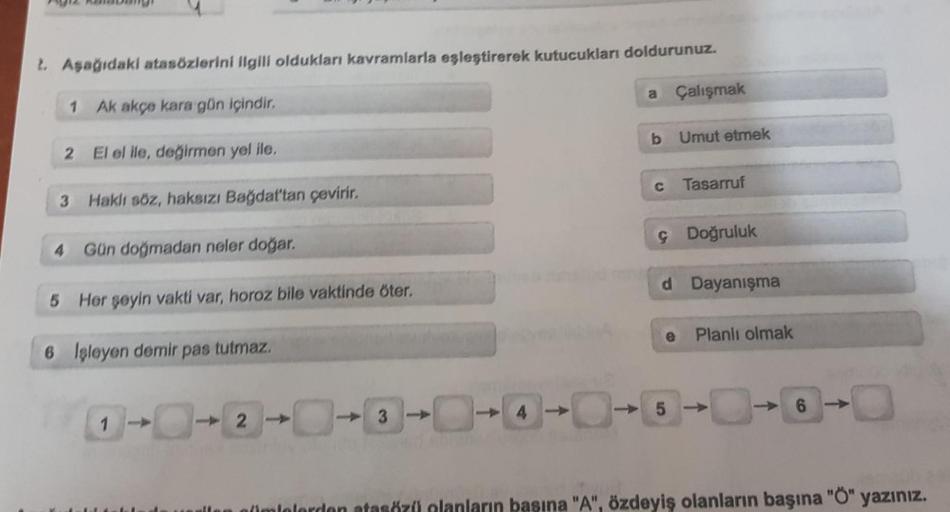 L. Aşağıdaki atasözlerini ilgili oldukları kavramlarla eşleştirerek kutucukları doldurunuz.
Ak akçe kara gün içindir.
a Çalışmak
1
2
El el ile, değirmen yel ile.
3 Haklı söz, haksızı Bağdat'tan çevirir.
Gün doğmadan neler doğar.
5 Her şeyin vakti var, horo