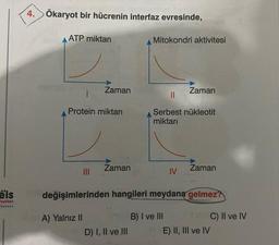 eis
ayınlan
4. Ökaryot bir hücrenin interfaz evresinde,
ATP miktarı
Zaman
Protein miktarı
|||
Zaman
Mitokondri aktivitesi
D) I, II ve III
Zaman
||
Serbest nükleotit
miktarı
IV
Zaman
değişimlerinden hangileri meydana gelmez?
A) Yalnız II
B) I ve III
E) II, III ve IV
C) II ve IV