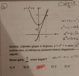 5.
y=x²+4 Ay
A) 6
B) 5
FA
m
C) 4
Şekilde, orijinden geçen d doğrusu, y = x² + 4 para-d
bolüne A(m, n) noktasına düzlemin birinci bölgesinde
teğettir.
Buna göre,
oranı kaçtır?
x ²-2x-8
-2x
3
-X
ax+b=x²+
x²+4-ax
d²-4. (4
d²-16+4
am + = 0
D) 3 E) 2