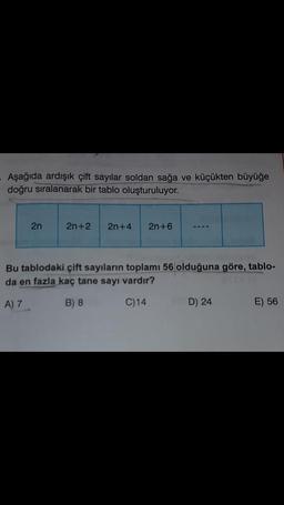 . Aşağıda ardışık çift sayılar soldan sağa ve küçükten büyüğe
doğru sıralanarak bir tablo oluşturuluyor.
2n
2n+2 2n+4 2n+6
ontinay
D) 24
equa
Bu tablodaki çift sayıların toplamı 56 olduğuna göre, tablo-
da en fazla kaç tane sayı vardır?
A) 7
B) 8
C)14
E) 56