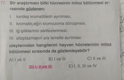 17. Bir araştırmacı bitki hücresinin mitoz bölünmesi si-
rasında gözlenen;
I. kardeş kromatitlerin ayrılması,
II. kromatin ağın kromozoma dönüşmesi,
III. iğ ipliklerinin sentezlenmesi,
IV. sitoplazmanın ara lamelle ayrılması
olaylarından hangilerini hayvan hücrelerinin mitoz
bölünmesi sırasında da gözlemleyebilir?
A) I ve II
B) I ve III
D) I, II ve III
C) II ve III
E) I, II, III ve IV
S