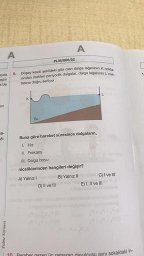 ayda
eşim
s'de
est
sa-
=Ö-
A
Palme Yayınevi
K
9. Düşey kesiti şekildeki gibi olan dalga leğeninin K nokta-
sından üretilen periyodik dalgalar, dalga leğeninin L nok-
tasına doğru ilerliyor.
Su
PLM/005/22
A) Yalnız I
A
Buna göre hareket süresince dalgaların
