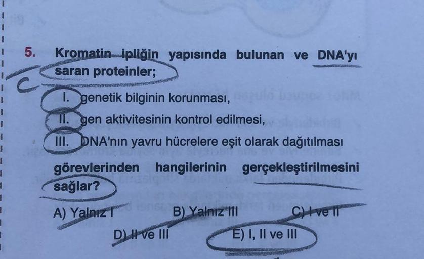 1
1
1
1
1
1
1
1
1
5. Kromatin ipliğin yapısında bulunan ve DNA'yı
saran proteinler;
1. genetik bilginin korunması,
II. gen aktivitesinin kontrol edilmesi,
III. DNA'nın yavru hücrelere eşit olarak dağıtılması
görevlerinden hangilerinin gerçekleştirilmesini