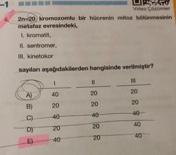 Video Çözümler
2n-20 kromozomlu bir hücrenin mitoz bölünmesinin
metafaz evresindeki,
1. kromatit,
II. sentromer,
III. kinetokor
sayıları aşağıdakilerden hangisinde verilmiştir?
A)
B)
C)
D)
E)
|
40
20
40
20
40
11
20
20
40
20
20
|||
20
20
40
40
40