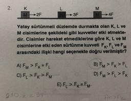 2. K
M2F
A) FM > FK = FL
C) FL > FK > FM
L
2M3F
Yatay sürtünmeli düzlemde durmakta olan K, L ve
M cisimlerine şekildeki gibi kuvvetler etki etmekte-
dir. Cisimler hareket etmediklerine göre K, L ve M
cisimlerine etki eden sürtünme kuvveti FK, FL ve F,
arasındaki ilişki hangi seçenekte doğru verilmiştir?
M
2.10.2
M
M-4F
E) F₁ > FK = FM
B) FM > FK > FL
D) FM > FL > FK
Fm > FL