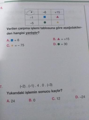 6.
7.
A. = 6
C. * = -75
-1
-5
Verilen çarpma işlemi tablosuna göre aşağıdakiler-
den hangisi yanlıştır?
A. 24
-6
+15
B. 0
(-2).(-1).4.0. (-3)
Yukarıdaki işlemin sonucu kaçtır?
C. 12
B. A = +15
D. = 30
D.-24