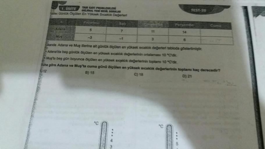 1. UNITE TAM SAYI PROBLEMLERİ
GRIJINAL TENİ NESİL SORULAR
Tablo: Günlük Ölçülen En Yüksek Sıcaklık Değerleri
Adana
Mus
Pazartesi
-3
Sali
-1
"C
3
ukanda Adana ve Muş illerine ait günlük ölçülen en yüksek sıcaklık değerleri tabloda gösterilmiştir.
Adana'da b