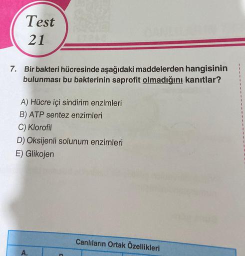 Test
21
7. Bir bakteri hücresinde aşağıdaki maddelerden hangisinin
bulunması bu bakterinin saprofit olmadığını kanıtlar?
A) Hücre içi sindirim enzimleri
B) ATP sentez enzimleri
C) Klorofil
D) Oksijenli solunum enzimleri
E) Glikojen
A.
Canlıların Ortak Özel