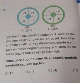 12.
-3
-6
+4
-1
-5
-3
+2
+5
1. Çark
2. Çark
Çarklar 1. kez döndürüldüğünde 1. çark en kü-
çük tam sayıyı 2. çark ise en büyük tam sayı-
yı göstermiştir. 2. kez döndürüldüğünde ise 1.
çark en büyük negatif tam sayıyı 2. çark ise en
küçük pozitif tam sayıyı göstermiştir.
Buna göre 1. döndürme ile 2. döndürmedeki
sayıların toplamı kaçtır?
A) 15
B)-1
C) -6
D) 0