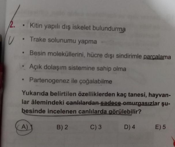 2.
U
Kitin yapılı dış iskelet bulundurma
Trake solunumu yapma
Besin moleküllerini, hücre dışı sindirimle parçalama
Açık dolaşım sistemine sahip olma
Partenogenez ile çoğalabilme
Yukarıda belirtilen özelliklerden kaç tanesi, hayvan-
lar âlemindeki canlılard