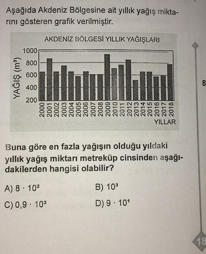 Aşağıda Akdeniz Bölgesine ait yıllık yağış mikta-
rini gösteren grafik verilmiştir.
AKDENİZ
BÖLGESİ YILLIK YAĞIŞLARI
YAĞIŞ (m³)
1000
800
009
400
200
2000
2001
2002
2003
2004
2005
2006
2007
2008
2009
2010
2011
2012
2013
2014
2015
2016
2017
2018
A) 8-10²
C)