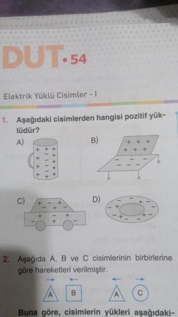 DUT-54
Elektrik Yüklü Cisimler - 1
1. Aşağıdaki cisimlerden hangisi pozitif yük-
lüdür?
A)
C)
+
+
+
+
+
FITT
+
+
+
+
+
A
+
B)
B
D)
2. Aşağıda A, B ve C cisimlerinin birbirlerine
göre hareketleri verilmiştir.
+ +
A
+++
Buna göre, cisimlerin yükleri aşağıdaki-