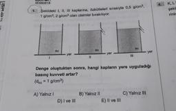 PNEU
OD050618
1.
Şekildeki I, II, III kaplarına, özkütleleri sırasıyla 0,5 g/cm³,
1 g/cm³, 2 g/cm³ olan cisimler bırakılıyor.
1
SU
A) Yalnız I
yer
SU
D) I ve III
MAN
B) Yalnız II
yer
Denge oluştuktan sonra, hangi kapların yere uyguladığı
basınç kuvvetl artar?
(dsu = 1 g/cm³)
BU
E) II ve III
yer
C) Yalnız III
4. K, L
şekil
rinir