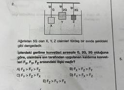 2.
idip bebiellblog shish
ip
G
A) Fx > Fy > Fz
C) Fy> Fz > Fx
X
ip
2G
Y
ip
3G
(0
(3
E) Fz > Fy > Fx
Z
Ağırlıkları 5G olan X, Y, Z cisimleri türdeş bir sıvıda şekildeki
gibi dengededir.
to mialo 118
nibebegneb
İplerdeki gerilme kuvvetleri sırasıyla G, 2G, 3G olduğuna
göre, cisimlere sıvı tarafından uygulanan kaldırma kuvvet-
50
leri Fx, Fy, Fz arasındaki ilişki nedir?
B) Fx > Fz > Fy
D) Fy> Fx > Fz
nol
5.