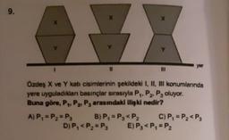 9.
A) P₁ = P₂ = P₁
X
Özdeş X ve Y katı cisimlerinin şekildeki I, II, III konumlarında
yere uyguladıkları basınçlar sırasıyla P₁, P₂, P3 oluyor.
Buna göre, P₁, P2, P3 arasındaki ilişki nedir?
B) P₁ = P₂<P₂
D) P₁ < P ₂ = P3
X
yer
C) P₁ = P₂ < P₁
E) P₁ < P₁ = P₂