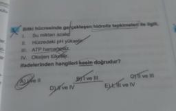 ler
ar
Bitki hücresinde gerçekleşen hidroliz tepkimeleri ile ilgill,
1. Su miktarı azak
II. Hücredeki pH yükseli
III. ATP harcanmaz.
IV. Oksijen tükebilir.
ifadelerinden hangileri kesin doğrudur?
X
Ave II
D) ve IV
ve
BYT ve III
Gy'll ve Ill
E), Ill ve IV