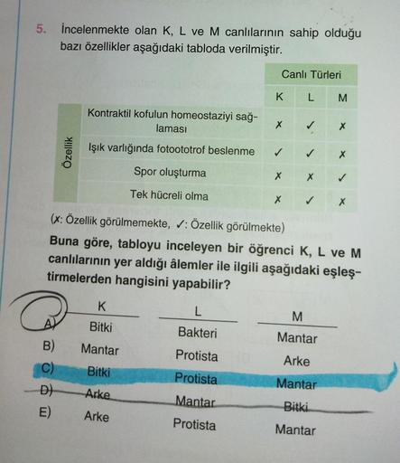 5.
İncelenmekte olan K, L ve M canlılarının sahip olduğu
bazı özellikler aşağıdaki tabloda verilmiştir.
Özellik
Kontraktil kofulun homeostaziyi sağ-
laması
Işık varlığında fotoototrof beslenme
Spor oluşturma
Tek hücreli olma
K
Bitki
B)
Mantar
C)
Bitki
D) A