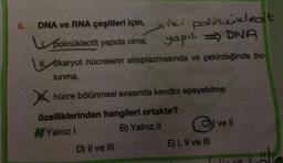 6.
DNA ve RNA çeşitleri için, iki polizzükledit
polinükleotit yapıda olma,
yapılı => DNA
II. ökaryot hücrelerin sitoplazmasında ve çekirdeğinde bu-
lunma,
hücre bölünmesi sırasında kendini eşleyebilme
özelliklerinden hangileri ortaktır?
A) Yalnız I
B) Yalnız II
X
D) II ve III
CI ve Il
E) I, II ve III