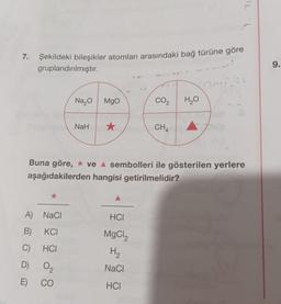 7. Şekildeki bileşikler atomları arasındaki bağ türüne göre
gruplandırılmıştır.
NaCl
B)
KCI
C)
HCI
D) 02
E)
CO
Na₂O MgO
A)
NaH ★
Buna göre, ✶ ve ▲ sembolleri ile gösterilen yerlere
aşağıdakilerden hangisi getirilmelidir?
CO₂ H₂O
HCI
MgCl2
H₂
2
NaCl
HCI
CH4
9.