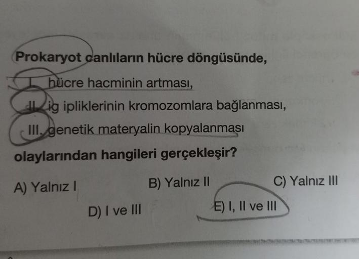 Prokaryot canlıların hücre döngüsünde,
hücre hacminin artması,
llig ipliklerinin kromozomlara bağlanması,
III. genetik materyalin kopyalanması
olaylarından hangileri gerçekleşir?
A) Yalnız I
B) Yalnız II
D) I ve III
C) Yalnız III
E) I, II ve III