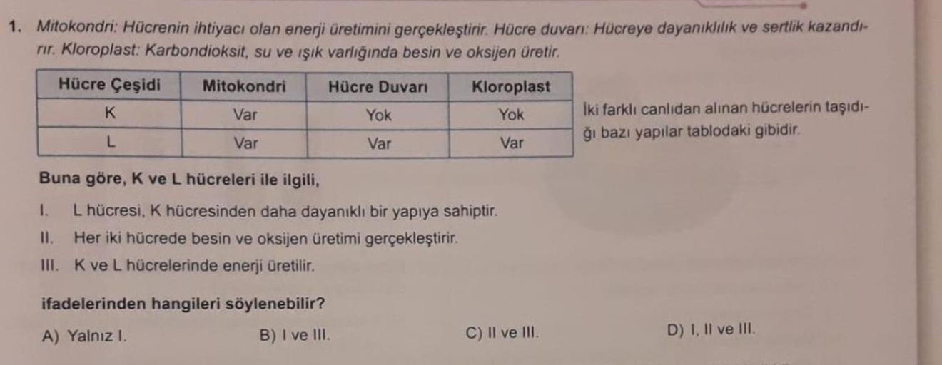 1. Mitokondri: Hücrenin ihtiyacı olan enerji üretimini gerçekleştirir. Hücre duvarı: Hücreye dayanıklılık ve sertlik kazandı-
rir. Kloroplast: Karbondioksit, su ve ışık varlığında besin ve oksijen üretir.
Hücre Çeşidi
Hücre Duvarı
K
L
1.
Mitokondri
Var
Var