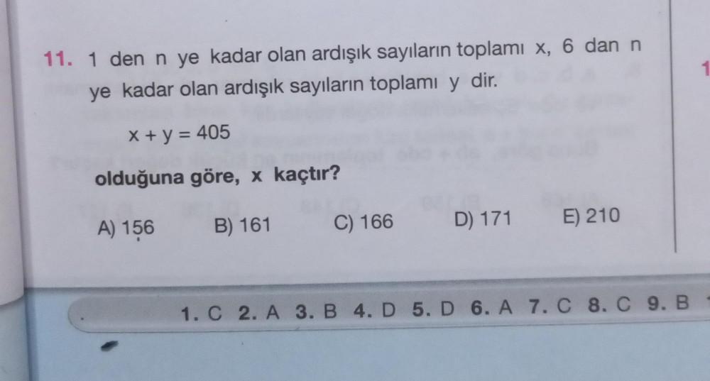 11. 1 den n ye kadar olan ardışık sayıların toplamı x, 6 dan n ye